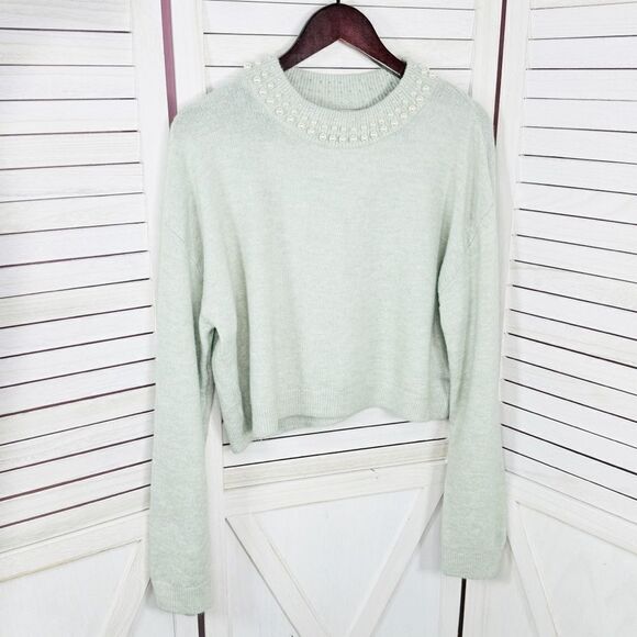 H&M Faux Pearl Beaded Neck Crop Sweater Mint Green Medium Long Sleeve - Picture 8 of 13